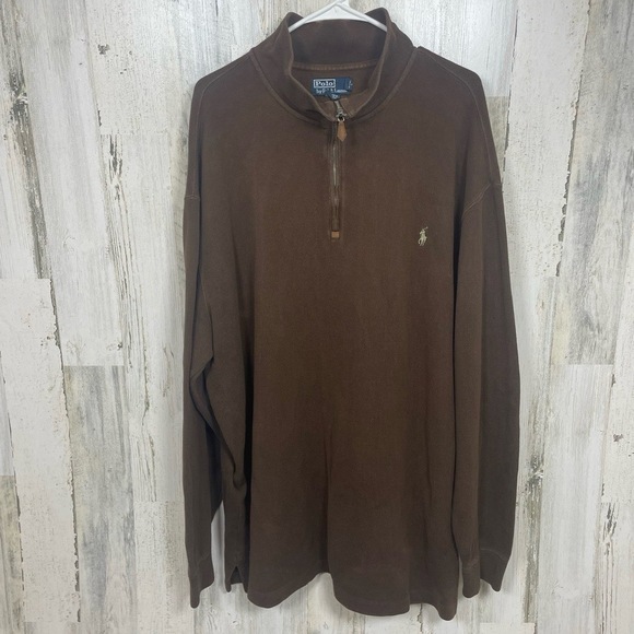 Polo Ralph Lauren Sweater Vintage Size 2XL Tall Brown Pullover Quarterzip Logo - Picture 1 of 8